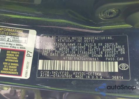 2012 Toyota Camry Se из США, поврежденный, VIN 4T1BF1FK7CU114141